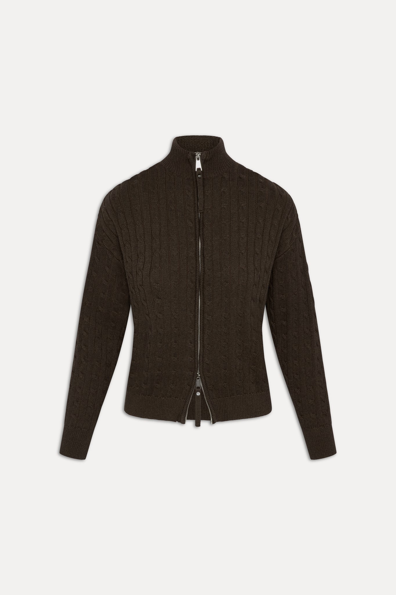 Bea Cable Knit Zip Up Sweater - Chocolate Brown
