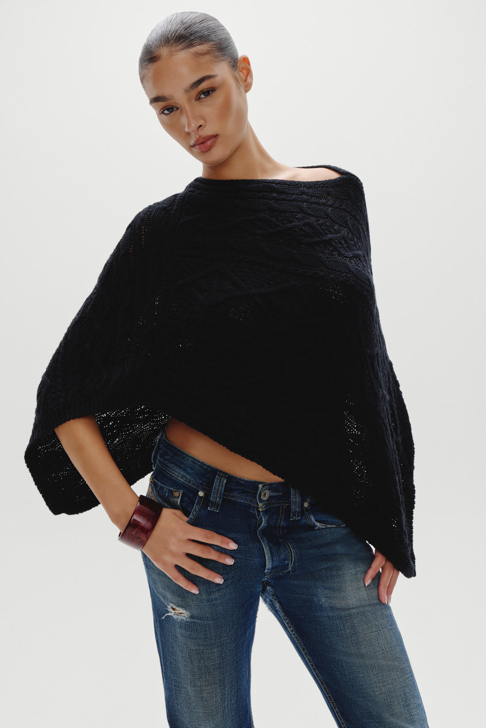 Aspen Cotton Knit Poncho - Black