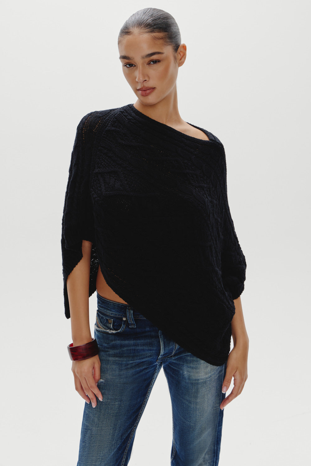 Aspen Cotton Knit Poncho - Black