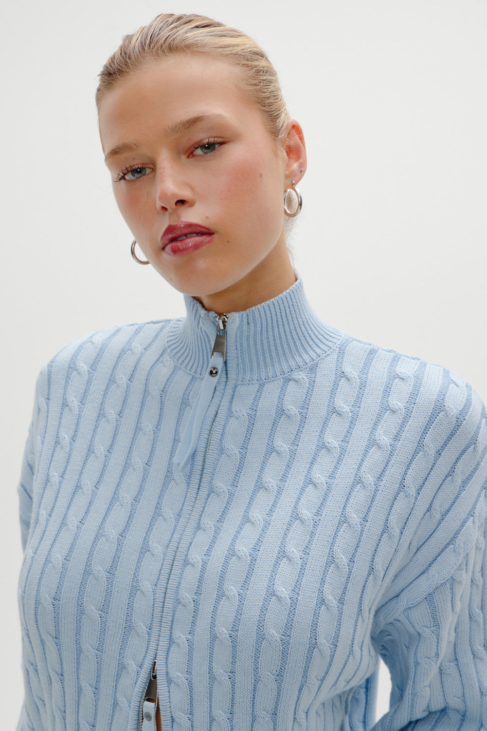 Bea Cable Knit Zip Up Sweater - Daydream