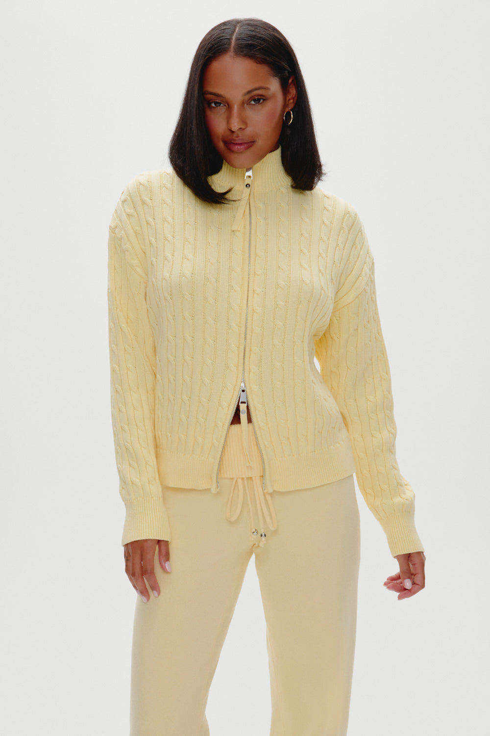 Bea Cable Knit Zip Up Sweater - Vanilla Sugar