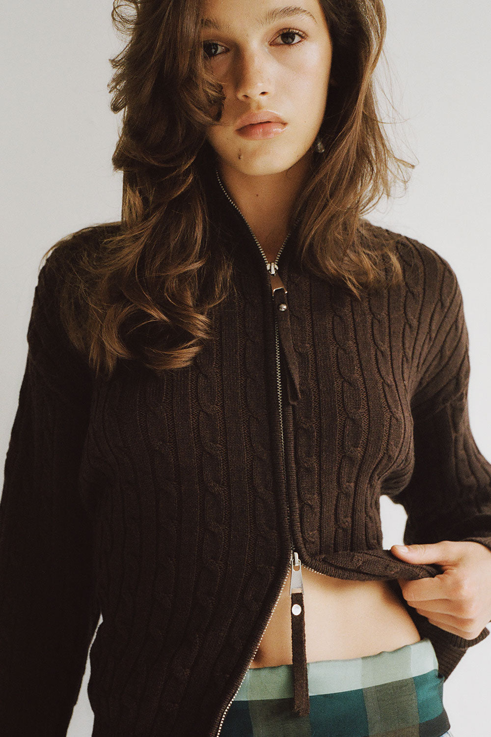 Bea Cable Knit Zip Up Sweater - Chocolate Brown